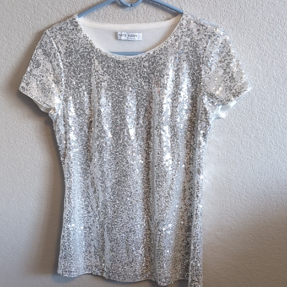 Kate Kasin Silver Metallic Sequin Women's Tee